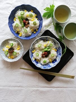 Somen (Japanese Noodles) with Okra, Natto (Fermented Soybeans) and Mozuku Seaweed
