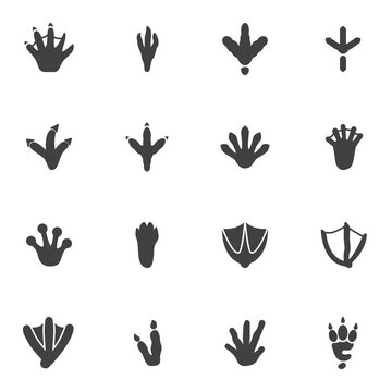 Bird and Animal paw print vector icons set, modern solid symbol collection, filled style pictogram pack. Signs, logo illustration. Set includes icons as crocodile paw print, crow, chicken, turkey