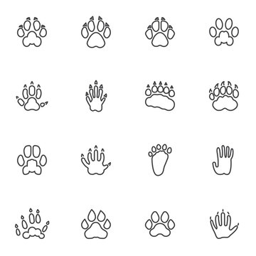 Animals paw print line icons set, outline vector symbol collection, linear style pictogram pack. Signs, logo illustration. Set includes icons as badger animal footprint, wolf, dog, hedgehog, tiger