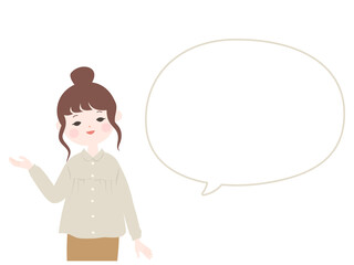 案内をするポーズの若い女性とフキダシ【主線なし】