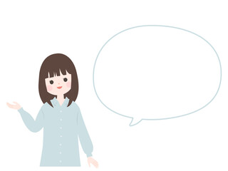 案内をするポーズの若い女性とフキダシ【主線なし】