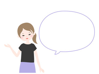 案内をするポーズの若い女性とフキダシ【主線なし】