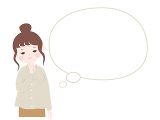 顎に人差し指を当てて微笑みながら考えている若い女性と吹き出し【主線なし】