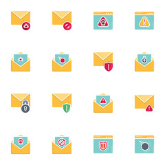 Email security elements collection, data protection flat icons set, Colorful symbols pack contains - spam mail, envelope message, malware cyber security. Vector illustration. Flat style design