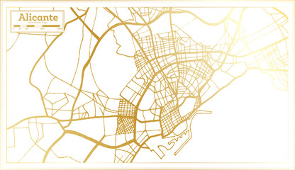 Alicante Spain City Map in Retro Style in Golden Color. Outline Map.