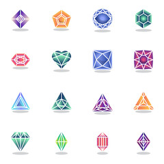 Gems collection, flat icons set, Colorful symbols pack contains - emerald gem, precious diamond, heart shape gemstone. Vector illustration. Flat style design