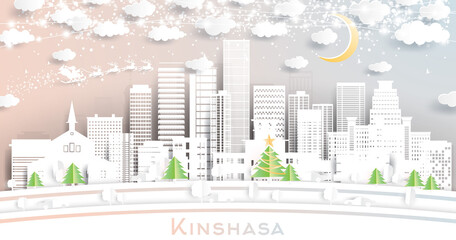Kinshasa Congo City Skyline in Paper Cut Style with Snowflakes, Moon and Neon Garland.