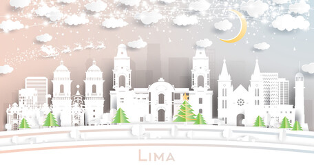 Lima Peru City Skyline in Paper Cut Style with Snowflakes, Moon and Neon Garland.