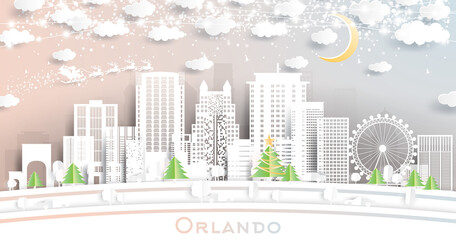 Orlando Florida USA City Skyline in Paper Cut Style with Snowflakes, Moon and Neon Garland.