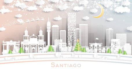 Fototapeta premium Santiago Chile City Skyline in Paper Cut Style with Snowflakes, Moon and Neon Garland.