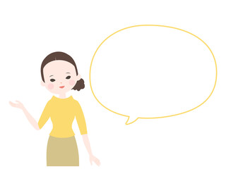 案内をするポーズの若い女性とフキダシ【主線なし】