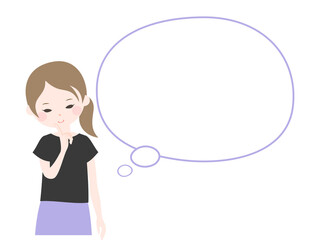 顎に人差し指を当てて微笑みながら考えている若い女性と吹き出し【主線なし】