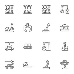 Manufacture robot line icons set, outline vector symbol collection, linear style pictogram pack. Signs, logo illustration. Set includes icons as automation robotic technology, conveyor belt