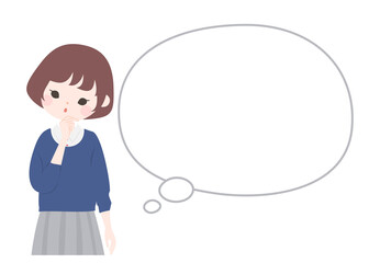 首を傾げて考えるポーズの若い女性とフキダシ【主線なし】