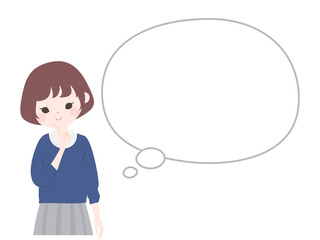 顎に人差し指を当てて微笑みながら考えている若い女性と吹き出し【主線なし】