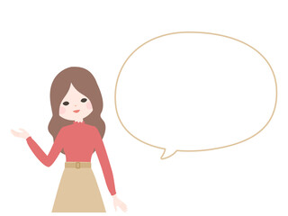 案内をするポーズの若い女性とフキダシ【主線なし】
