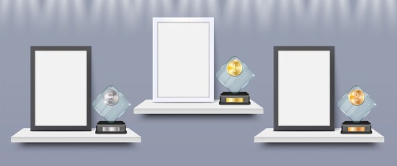 Blank frame and acrylic glass trophy award on shelf mockup set, vector isolated illustration. Certificate, diploma frame and first, second, third place prize plaque templates.