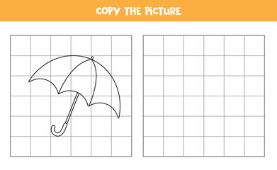 Copy the picture of cartoon umbrella. Educational game for kids. Handwriting practice.