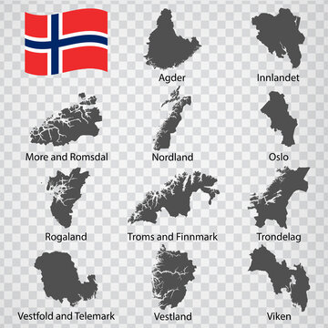 Eleven Maps Regions of Norway- alphabetical order with name. Every single map of  County are listed and isolated with wordings and titles. Norway. EPS 10.s