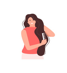 Young girl combing her hair. Beauty and self care vector illustration