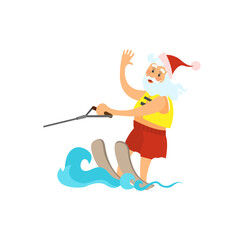 Santa Claus riding on water skies in red hat, New year character on summer holidays vector isolated. Water splashes and elderly man active way of life