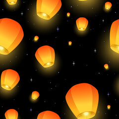 Flying Sky lanterns seamless pattern. Diwali festival, Mid Autumn Festival or Chinese festive. Luminous floating lamps in the night sky. Color illustration for wrapping paper, fabric, wallpaper.