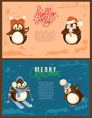 Penguin skating and skiing, enjoying ice-cream in warm headdress with pompon. Colorful greeting Merry Christmas and Holly Jolly with seabird vector