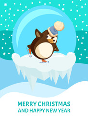 Penguin skating on ice floe, Merry Christmas card, glass ball and hat with bubo. Bird on skates, snowflakes and icicles, winter sport and holidays vector
