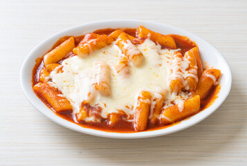Korean rice cake in spicy Korean sauce with cheese, Cheese Tokpokki, Tteokbokki with Cheese