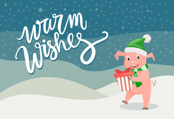 Warm wishes, piglet symbol of New Year with gift box at North pole, snowy wintertime. Pig in green scarf and hat wishing Merry Christmas vector postcard