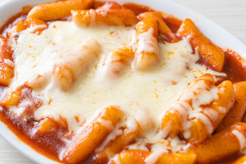Korean rice cake in spicy Korean sauce with cheese, Cheese Tokpokki, Tteokbokki with Cheese