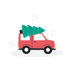 Christmas tree on red car or truck. Vector hand drawn illustration in cartoon style.