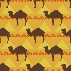 Fototapeta na wymiar Seamless pattern with camels silhouettes and yellow pyramids, vector illustration