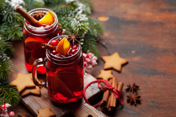 Christmas greeting card with cookies and mulled wine