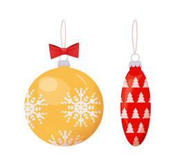 Set of gold and red balls with print of snowflakes and trees and thread for hanging with red bow. Christmas toys for decoration isolated on white vector