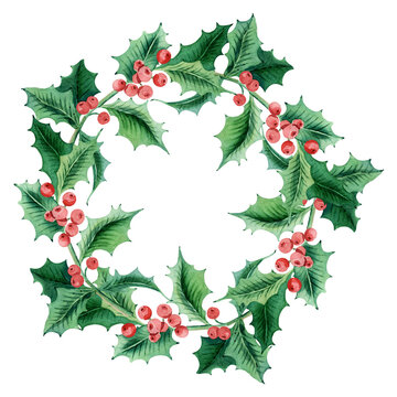 Watercolor Christmas wreath with green branches and red berries. holly berry. Watercolor