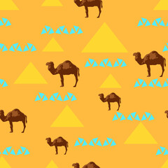 Seamless pattern with camels yellow pyramids and blue triangles, vector illustration