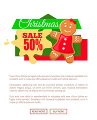 Vector discount label with info about price off, New Year special offer, girl cookie. Christmas sale 50 percent off, gingerbread woman decoration price tag