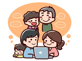 パソコンで会話する家族と祖父母