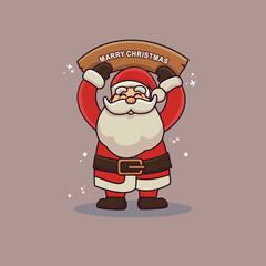 cute santa claus character holding christmas banner. its suitable for your project design, poster, post card with theme of christmast. christmas character design.