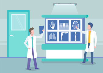 Concept of magnetic resosnance imaging of brain. Doctors or radiologists standing look at results of tomography scan of hand, teeth, brain, lungs, knee, spine. Doctors analyzing MRI scan concept