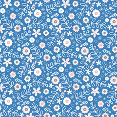 Floral pattern design, vector tossed seamless repeat of hand drawn flowers. 