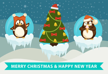 Merry Christmas and happy New Year winter holiday celebration vector. Penguins wearing Santa Claus hat standing by pine tree evergreen decorated fir
