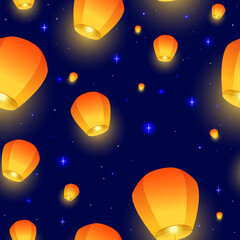 Obraz na płótnie Canvas Flying Sky lanterns seamless pattern. Diwali festival, Mid Autumn Festival or Chinese festive. Luminous floating lamps in the night sky. Vector illustration for wrapping paper, fabric, wallpaper.