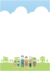 Obraz premium 三世代家族と街並みの背景用イラスト