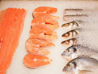 Fresh fish on ice at the fish market.