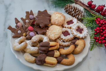 Traditional home made German Christmas Cookies on a festive table