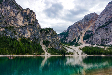 Colorful autumn landscape in the Italian Alps. Picturesque Lake Braies.