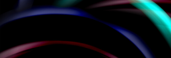Dynamic motion abstract background. Color blurred stripes on black. Wave liquid lines poster. Vector illustration