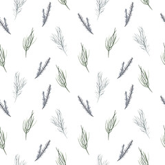 Christmas fir, pine branches in green and blue on a white background watercolor seamless winter pattern